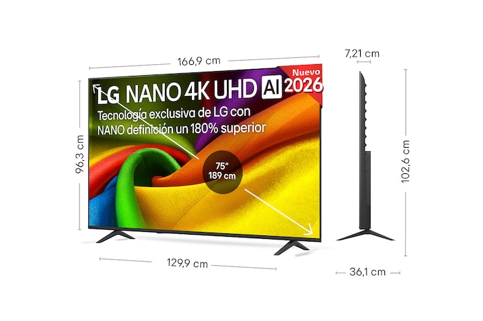 LG NANO 4K UHD AI NU85 shown in front and side views highlights a 43-inch display with a 959 mm-wide screen, 563 mm screen height, 618 mm height with stand, a 70.8 mm profile depth, and a stand footprint measuring 792 by 200 mm.