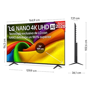 LG NANO 4K UHD AI NU85 shown in front and side views highlights a 43-inch display with a 959 mm-wide screen, 563 mm screen height, 618 mm height with stand, a 70.8 mm profile depth, and a stand footprint measuring 792 by 200 mm.