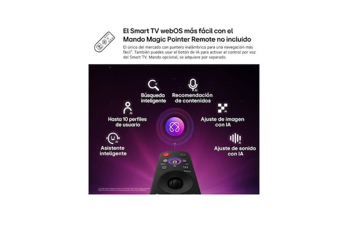 LG NANO 4K UHD AI NU85 features AI Hub for personalization, with an AI icon above a remote control surrounded by labels for Multi AI Search, AI Concierge, AI Voice ID with My Page, AI Chatbot, AI Picture Wizard, and AI Sound Wizard.