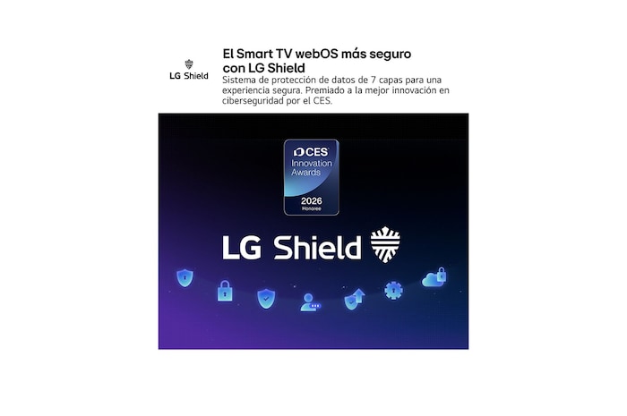LG Shield, applied to LG QNED evo AI QNED85, is shown with an LG Shield logo at the center, security icons below, and a 2026 CES Innovation Awards Honoree badge above, representing data and system protection.