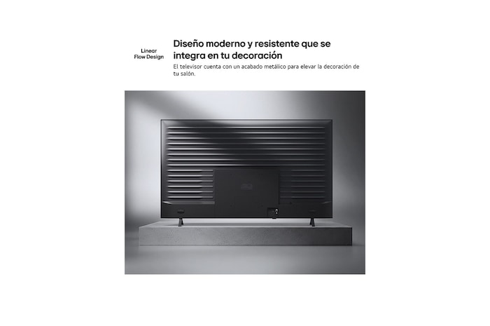 LG NANO 4K UHD AI NU85 is shown from the back, revealing a metallic rear panel with evenly spaced horizontal ridges that create a clean, structured look and emphasize the Linear Flow Design across the entire surface.