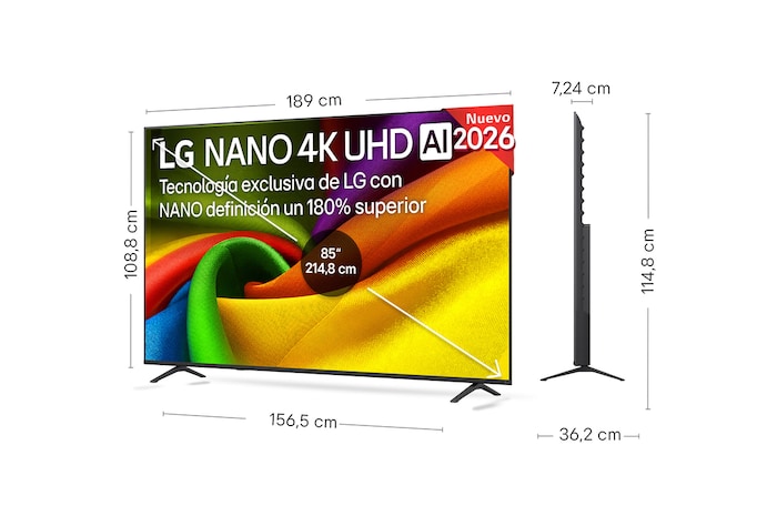 LG NANO 4K UHD AI NU85 shown in front and side views highlights an 85-inch display with a 1890 mm-wide screen, 1088 mm screen height, 1148 mm height with stand, a 72.4 mm profile depth, and a stand footprint measuring 1565 by 362 mm.