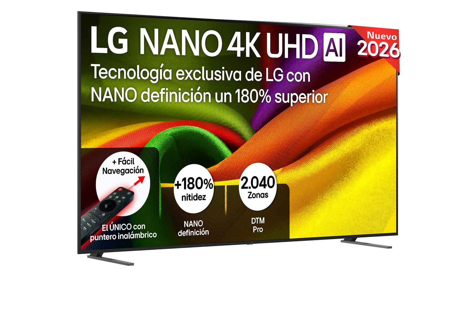 The front view of LG NANO 4K UHD AI NU85, released in 2026, fills the screen with smooth, flowing layers of vividly colored, fabric-like textures, as curved multicolored folds spread across the display.