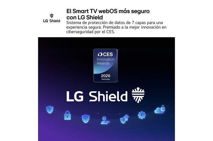 LG Shield, applied to LG QNED evo AI QNED85, is shown with an LG Shield logo at the center, security icons below, and a 2026 CES Innovation Awards Honoree badge above, representing data and system protection.