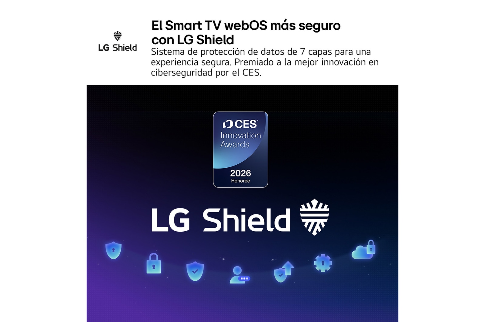 LG Shield, applied to LG QNED evo AI QNED85, is shown with an LG Shield logo at the center, security icons below, and a 2026 CES Innovation Awards Honoree badge above, representing data and system protection.
