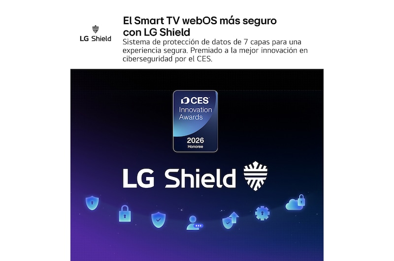 LG Shield, applied to LG QNED evo AI QNED85, is shown with an LG Shield logo at the center, security icons below, and a 2026 CES Innovation Awards Honoree badge above, representing data and system protection.
