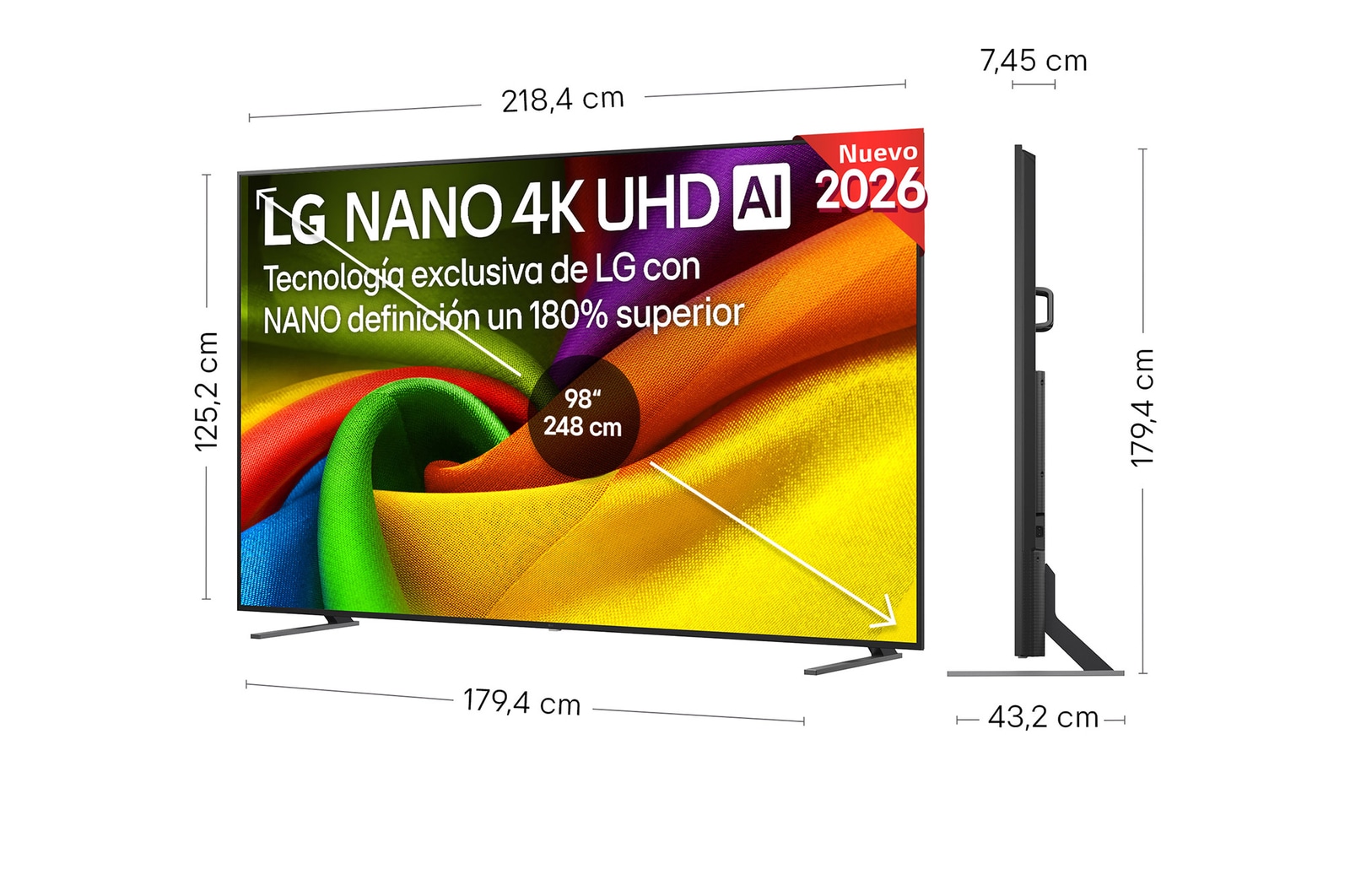 LG NANO 4K UHD AI NU85 shown in front and side views highlights an 85-inch display with a 1890 mm-wide screen, 1088 mm screen height, 1148 mm height with stand, a 72.4 mm profile depth, and a stand footprint measuring 1565 by 362 mm.
