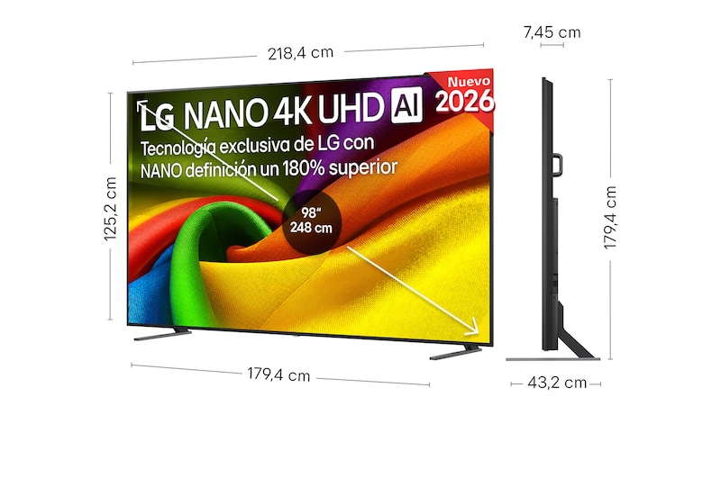 LG NANO 4K UHD AI NU85 shown in front and side views highlights an 85-inch display with a 1890 mm-wide screen, 1088 mm screen height, 1148 mm height with stand, a 72.4 mm profile depth, and a stand footprint measuring 1565 by 362 mm.