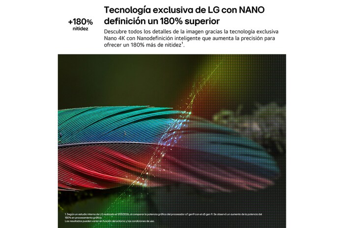LG NANO 4K UHD AI NU85 with Nano Detail Enhancer shows a feather image, powered by the alpha AI Processor that detects fine textures to enhance contrast and depth and deliver a clearer, more three-dimensional 4K picture.