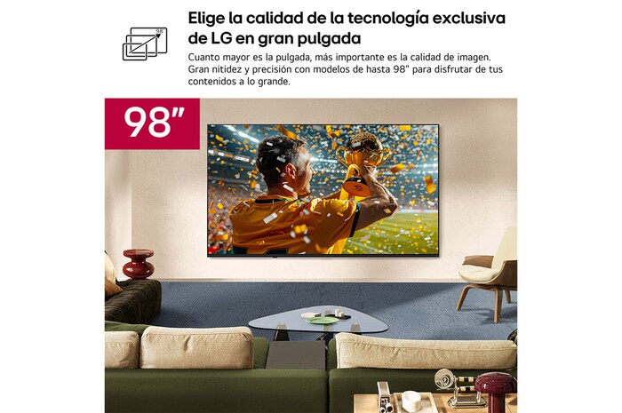 LG NANO 4K UHD AI NU85 Ultra Big TV is wall-mounted in a living space, showing a sports victory scene with confetti and a trophy, emphasizing vivid color, clear detail, and an immersive sense of scale.