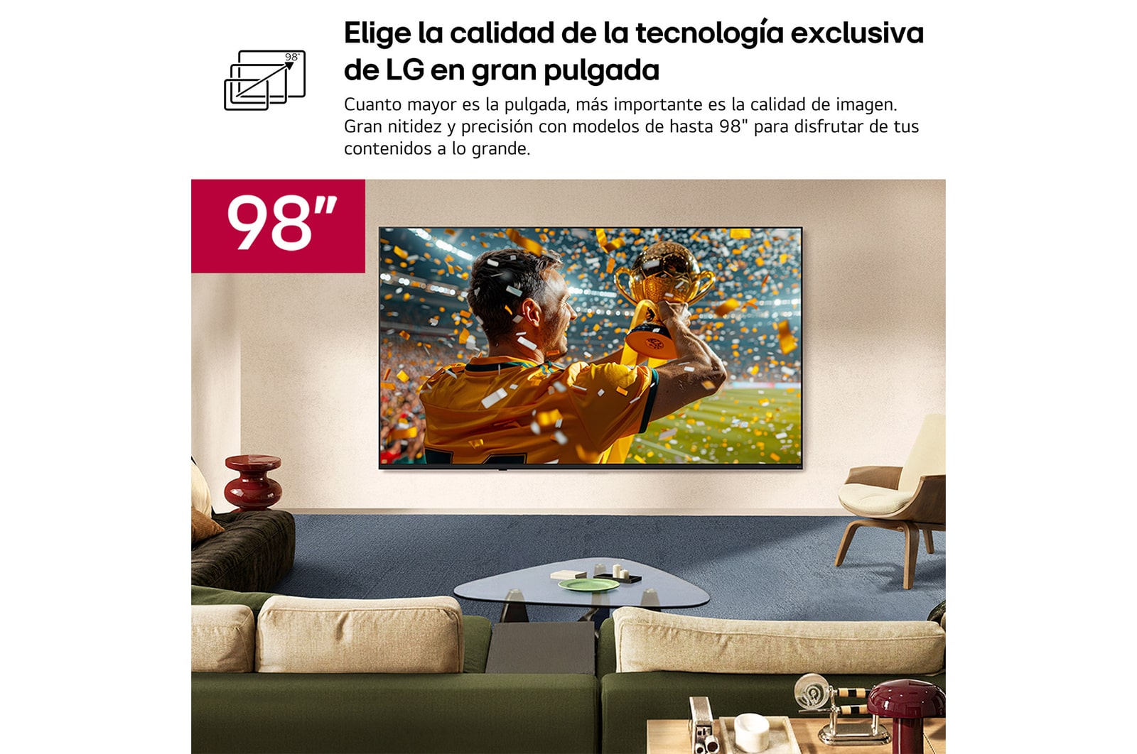 LG NANO 4K UHD AI NU85 Ultra Big TV is wall-mounted in a living space, showing a sports victory scene with confetti and a trophy, emphasizing vivid color, clear detail, and an immersive sense of scale.