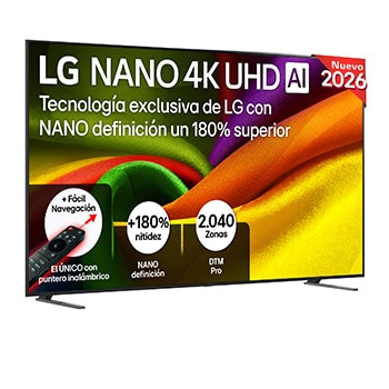 The front view of LG NANO 4K UHD AI NU85, released in 2026, fills the screen with smooth, flowing layers of vividly colored, fabric-like textures, as curved multicolored folds spread across the display.