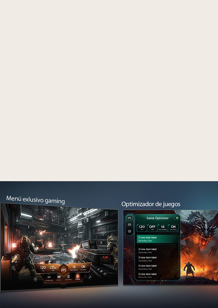 LG OLED evo AI G6 con Game Dashboard y Optimizer muestra pantallas de juego lado a lado y un menú en pantalla para ajustar configuraciones de juego como frecuencia de refresco, latencia y modos visuales en tiempo real.