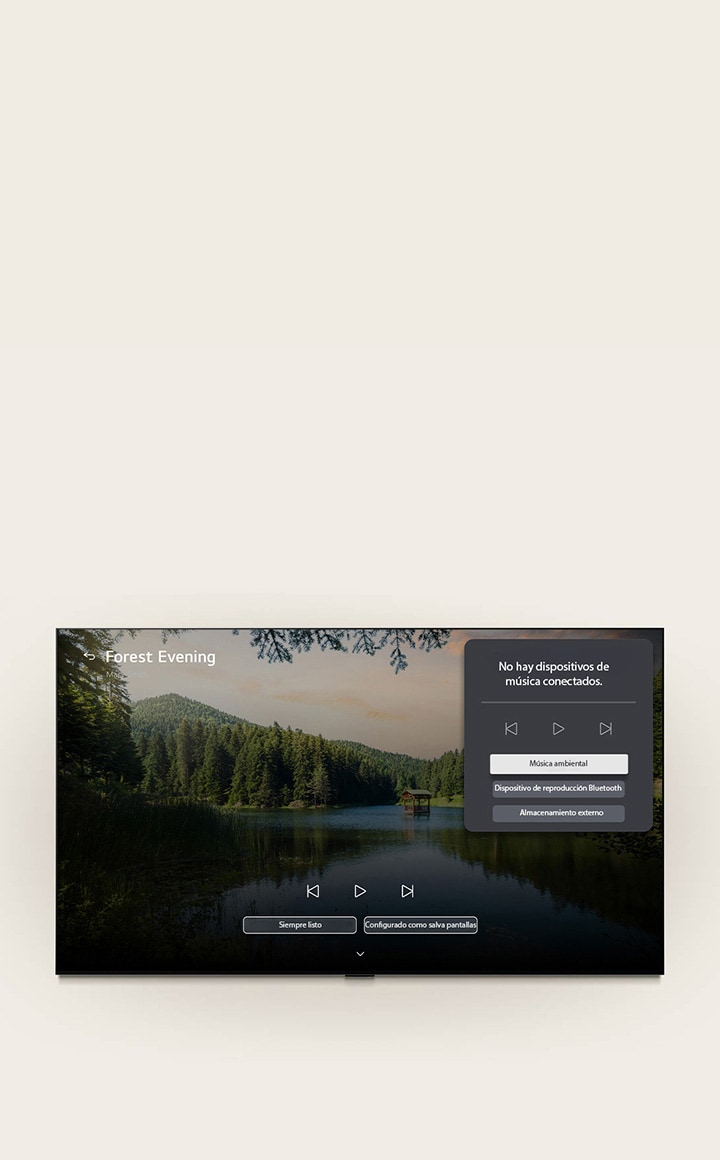 LG OLED evo AI LG Gallery+ con música y lounge de música muestra en pantalla la escena del lago boscoso "Noche del bosque", con un panel visible de interfaz para música ambiente, reproducción Bluetooth y controles.