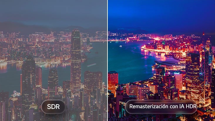 El LG OLED AI B6 con remasterización AI HDR se muestra en una comparación de paisajes urbanos compartidos, con SDR a la izquierda y remasterización AI HDR a la derecha, mostrando luces urbanas más brillantes, contraste más profundo y detalles más vivos en toda la escena.