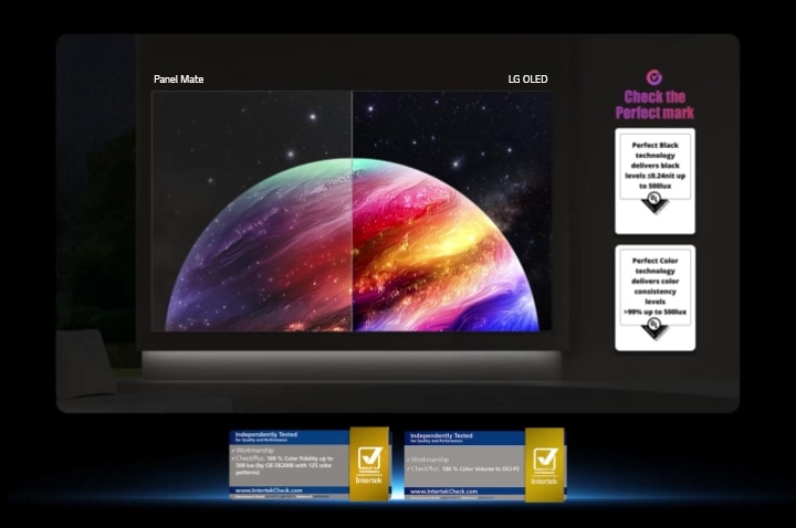 El LG OLED AI B6 muestra una escena de planeta y estrellas en pantalla dividida, comparando una pantalla mate antirreflejo con su pantalla Perfect Black & Perfect Color para una mejor calidad de imagen en cualquier luz, respaldada por la certificación UL y las certificaciones Intertek para volumen y fidelidad de color.
