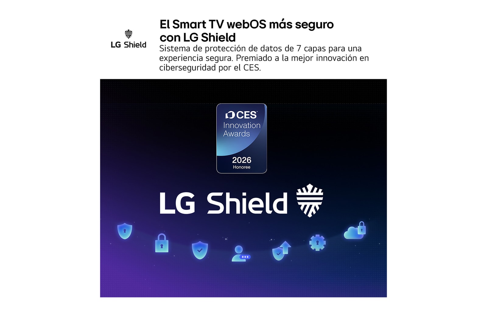 LG Shield, applied to LG QNED evo AI QNED80 Mini LED, is shown with an LG Shield logo at the center, security icons below, and a 2026 CES Innovation Awards Honoree badge above, representing data and system protection.