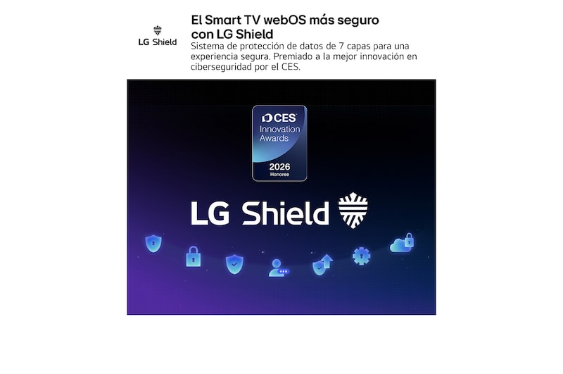LG Shield, applied to LG QNED evo AI QNED80 Mini LED, is shown with an LG Shield logo at the center, security icons below, and a 2026 CES Innovation Awards Honoree badge above, representing data and system protection.