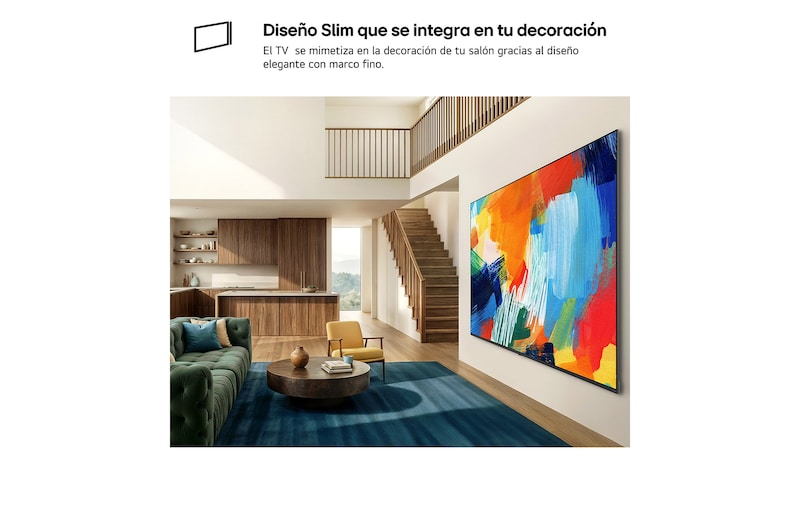 LG QNED evo AI QNED80 Mini LED with a Slim Design is wall-mounted in a bright, open living space, featuring a sleek profile that blends seamlessly into the interior while displaying a bold, colorful abstract artwork.