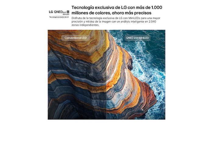 LG QNED evo AI QNED80 Mini LED highlights how its Mini LED reveals sharper rock textures and clearer ocean detail than conventional LED in a split coastal cliff scene, delivering deeper blacks and more refined contrast for greater clarity and depth.