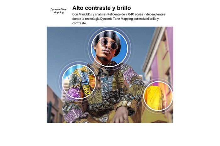 LG QNED evo AI QNED80 Mini LED with 4K Super Upscaling and Dynamic Tone Mapping shows a low-angle outdoor scene of a man between colorful buildings, as AI recognizes the scene and upscales each frame to 4K resolution.