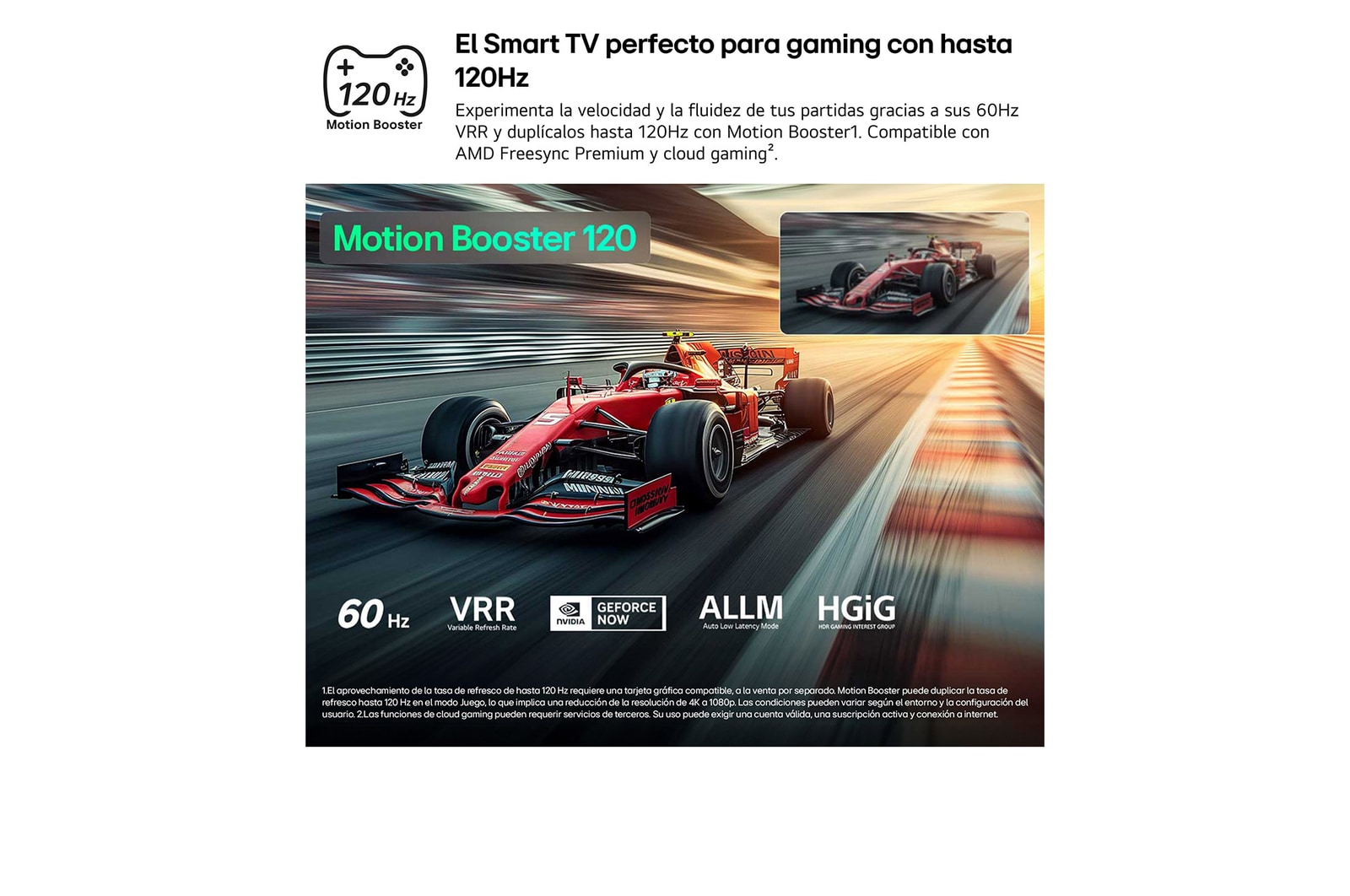 LG QNED evo AI QNED80 Mini LED for Ultimate Gameplay shows a high-speed racing scene with a comparison inset highlighting smoother motion through Motion Booster 120, while supporting 60Hz, VRR, AMD FreeSync, ALLM, HGiG, and GeForce NOW.