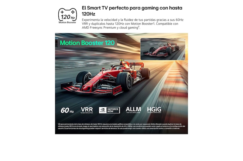 LG QNED evo AI QNED80 Mini LED for Ultimate Gameplay shows a high-speed racing scene with a comparison inset highlighting smoother motion through Motion Booster 120, while supporting 60Hz, VRR, AMD FreeSync, ALLM, HGiG, and GeForce NOW.