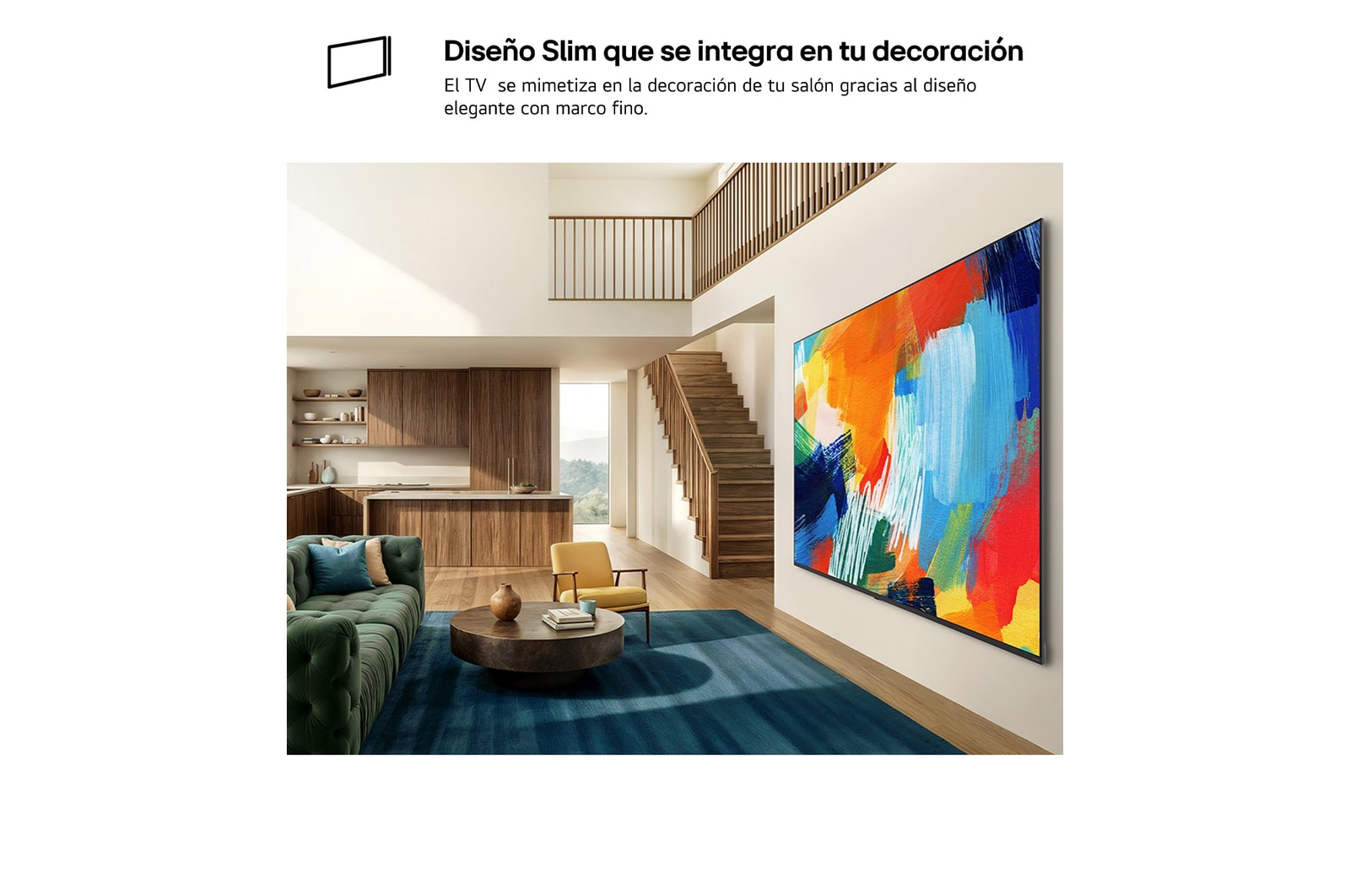 LG QNED evo AI QNED80 Mini LED with a Slim Design is wall-mounted in a bright, open living space, featuring a sleek profile that blends seamlessly into the interior while displaying a bold, colorful abstract artwork.