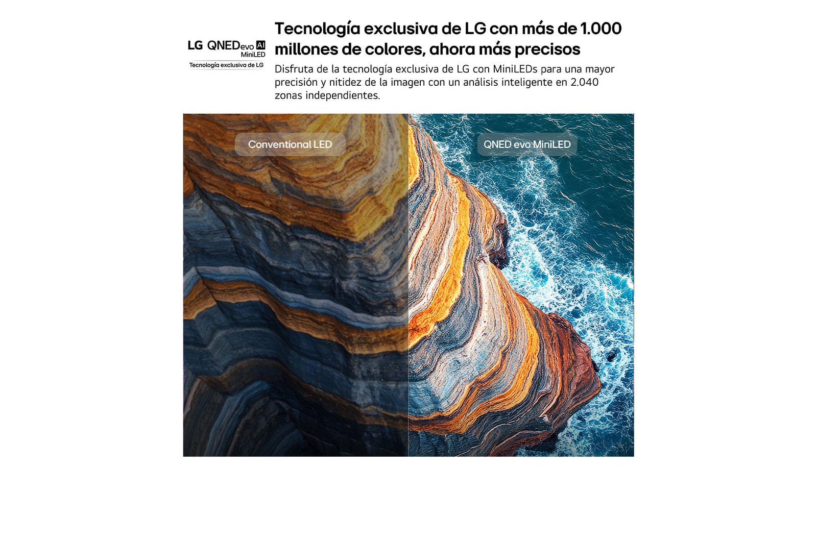 LG QNED evo AI QNED80 Mini LED highlights how its Mini LED reveals sharper rock textures and clearer ocean detail than conventional LED in a split coastal cliff scene, delivering deeper blacks and more refined contrast for greater clarity and depth.