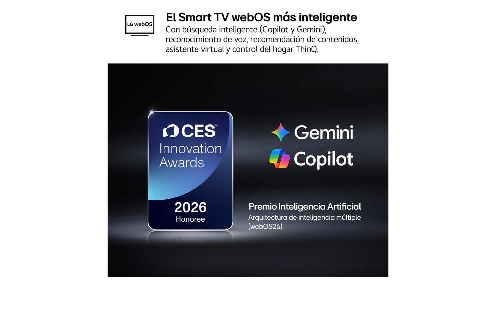 The 2026 CES Innovation Awards Honoree badge in the Artificial Intelligence category recognizes Multi-AI search with Google Gemini and Microsoft Copilot.