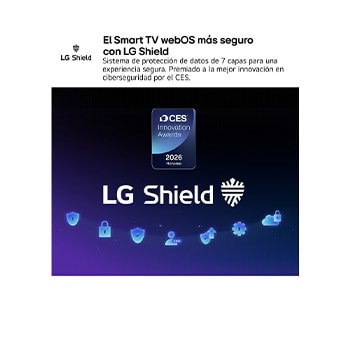 LG Shield, applied to LG QNED evo AI QNED80 Mini LED, is shown with an LG Shield logo at the center, security icons below, and a 2026 CES Innovation Awards Honoree badge above, representing data and system protection.