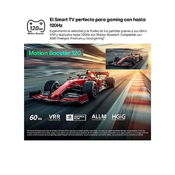 LG QNED evo AI QNED80 Mini LED for Ultimate Gameplay shows a high-speed racing scene with a comparison inset highlighting smoother motion through Motion Booster 120, while supporting 60Hz, VRR, AMD FreeSync, ALLM, HGiG, and GeForce NOW.