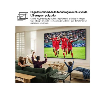 LG QNED evo AI QNED80 Mini LED Ultra Big TV is wall-mounted in a bright living room, showing a soccer celebration with vivid colors and refined picture quality across a wide screen, as a family seated on sofas cheers together.