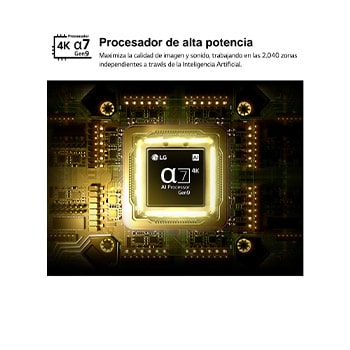 LG QNED evo AI QNED80 Mini LED’s alpha 7 AI Processor 4K Gen9 glows at the center of a yellow circuit board, highlighting smarter, more powerful AI processing that enhances 4K image clarity with improved contrast and depth.
