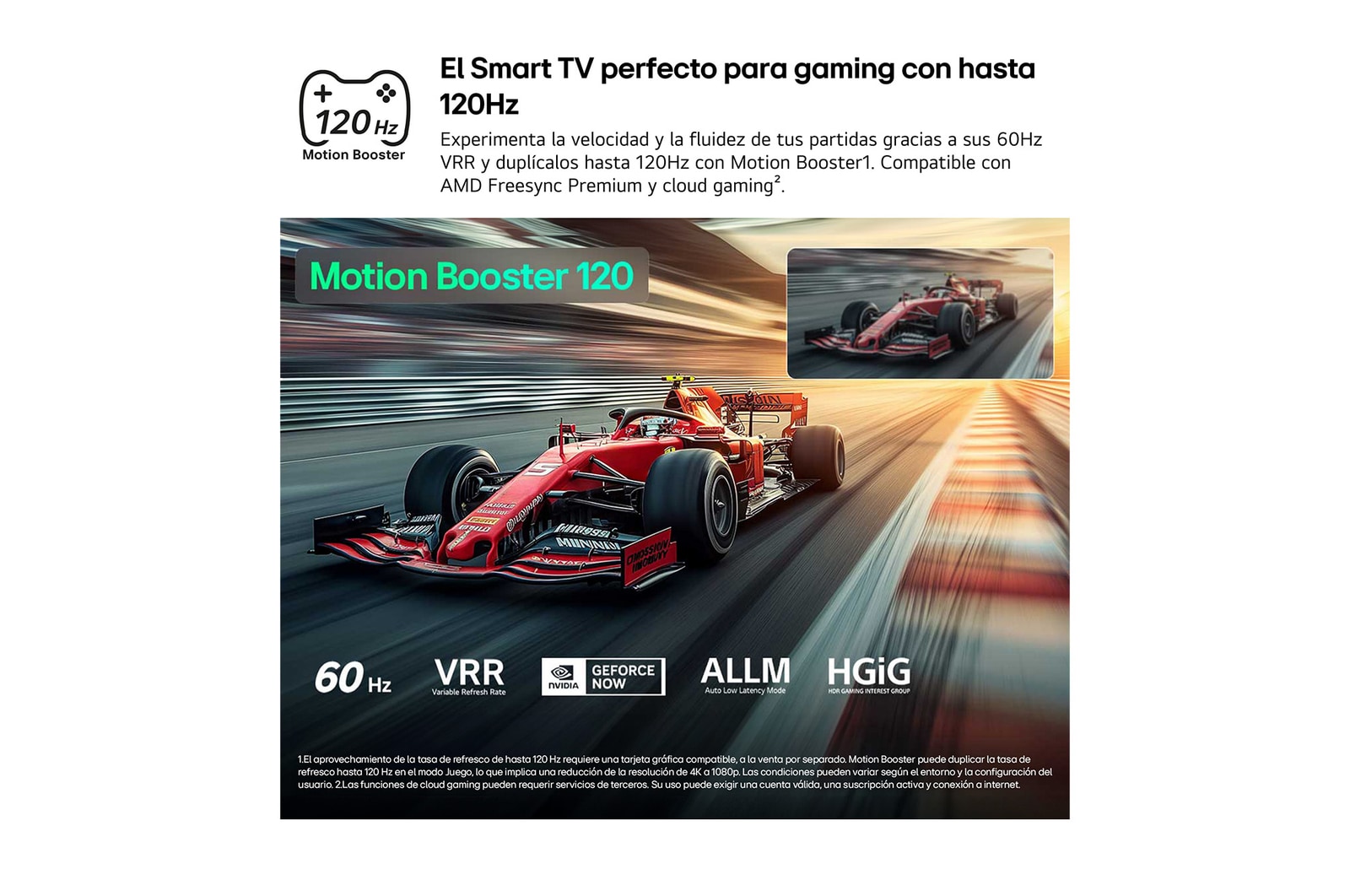 LG QNED evo AI QNED80 Mini LED for Ultimate Gameplay shows a high-speed racing scene with a comparison inset highlighting smoother motion through Motion Booster 120, while supporting 60Hz, VRR, AMD FreeSync, ALLM, HGiG, and GeForce NOW.