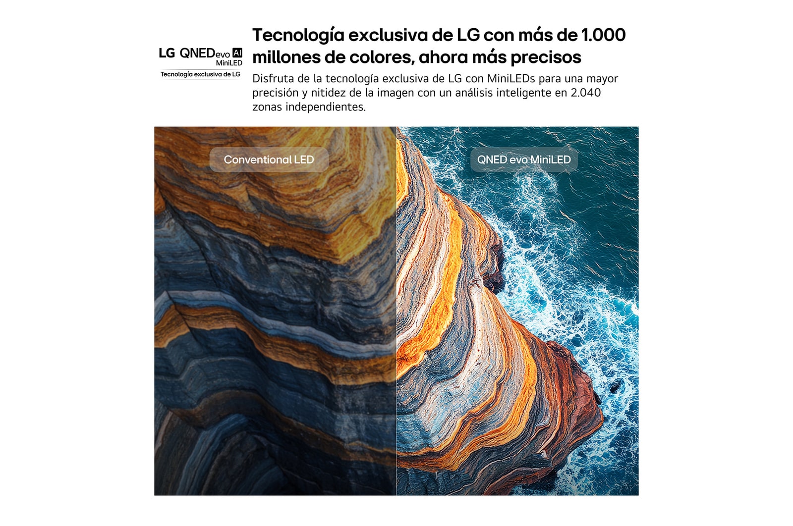 LG QNED evo AI QNED80 Mini LED highlights how its Mini LED reveals sharper rock textures and clearer ocean detail than conventional LED in a split coastal cliff scene, delivering deeper blacks and more refined contrast for greater clarity and depth.