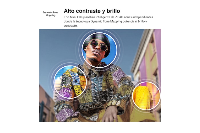 LG QNED evo AI QNED80 Mini LED with 4K Super Upscaling and Dynamic Tone Mapping shows a low-angle outdoor scene of a man between colorful buildings, as AI recognizes the scene and upscales each frame to 4K resolution.