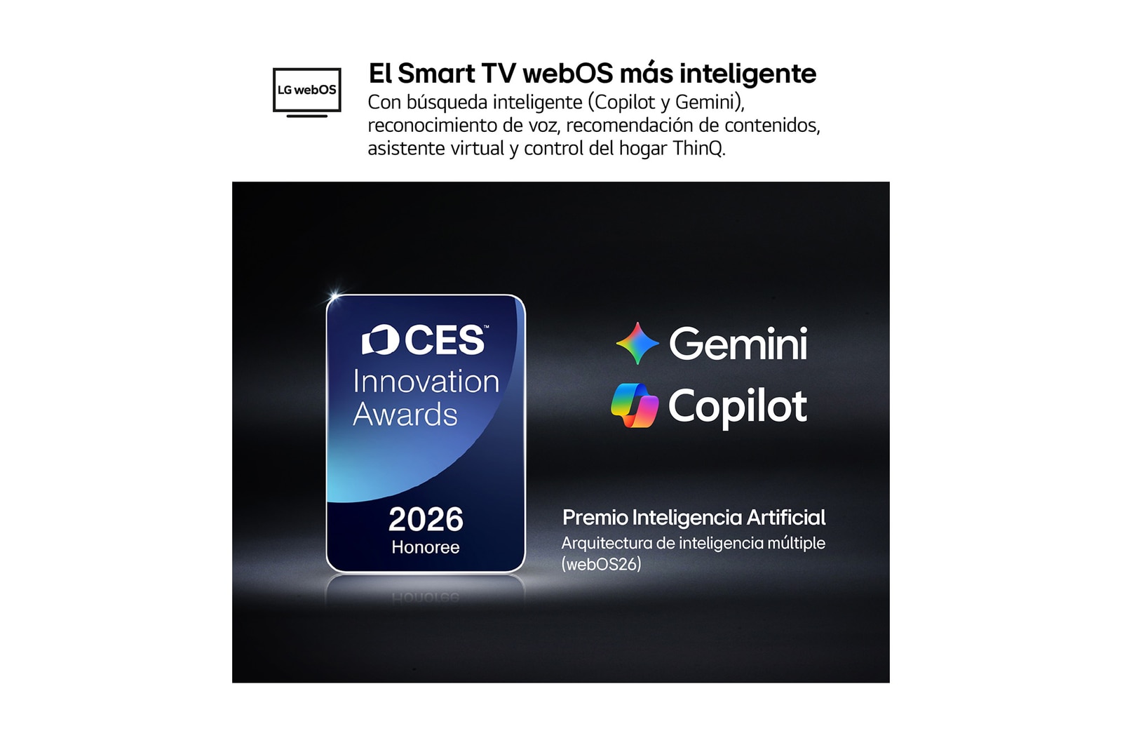 The 2026 CES Innovation Awards Honoree badge in the Artificial Intelligence category recognizes Multi-AI search with Google Gemini and Microsoft Copilot.