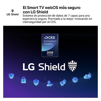 LG Shield, applied to LG QNED evo AI QNED80 Mini LED, is shown with an LG Shield logo at the center, security icons below, and a 2026 CES Innovation Awards Honoree badge above, representing data and system protection.