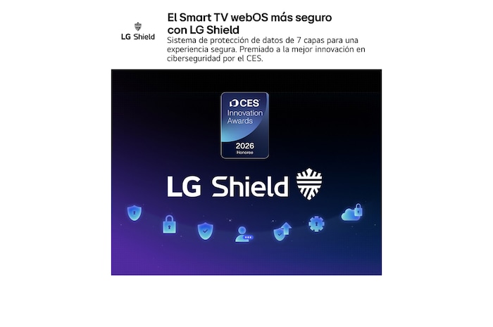 LG Shield, applied to LG QNED evo AI QNED80 Mini LED, is shown with an LG Shield logo at the center, security icons below, and a 2026 CES Innovation Awards Honoree badge above, representing data and system protection.