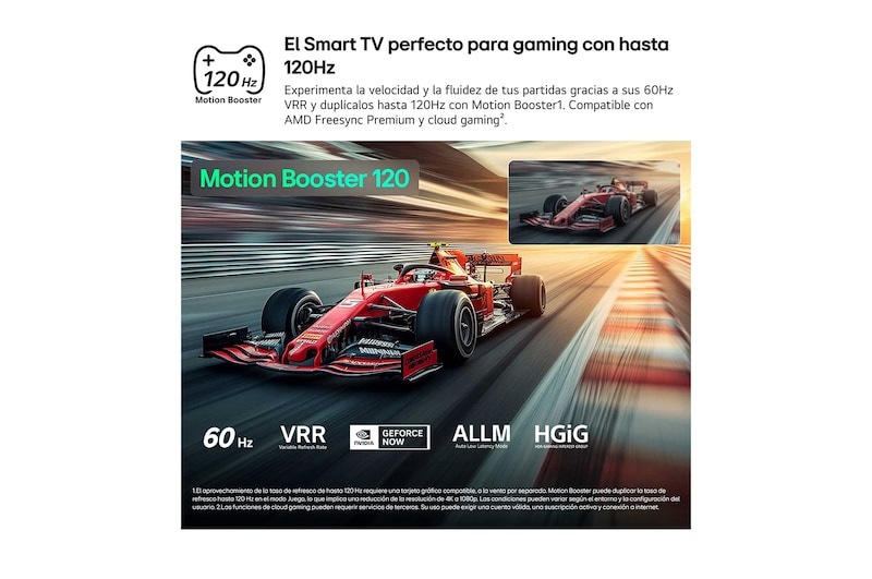LG QNED evo AI QNED80 Mini LED for Ultimate Gameplay shows a high-speed racing scene with a comparison inset highlighting smoother motion through Motion Booster 120, while supporting 60Hz, VRR, AMD FreeSync, ALLM, HGiG, and GeForce NOW.