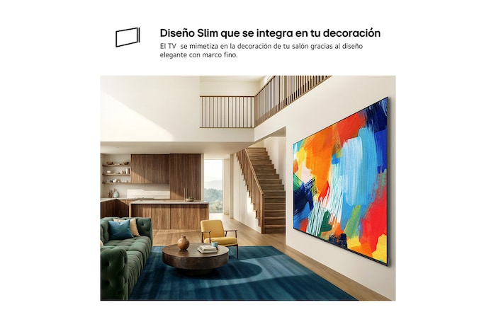LG QNED evo AI QNED80 Mini LED with a Slim Design is wall-mounted in a bright, open living space, featuring a sleek profile that blends seamlessly into the interior while displaying a bold, colorful abstract artwork.