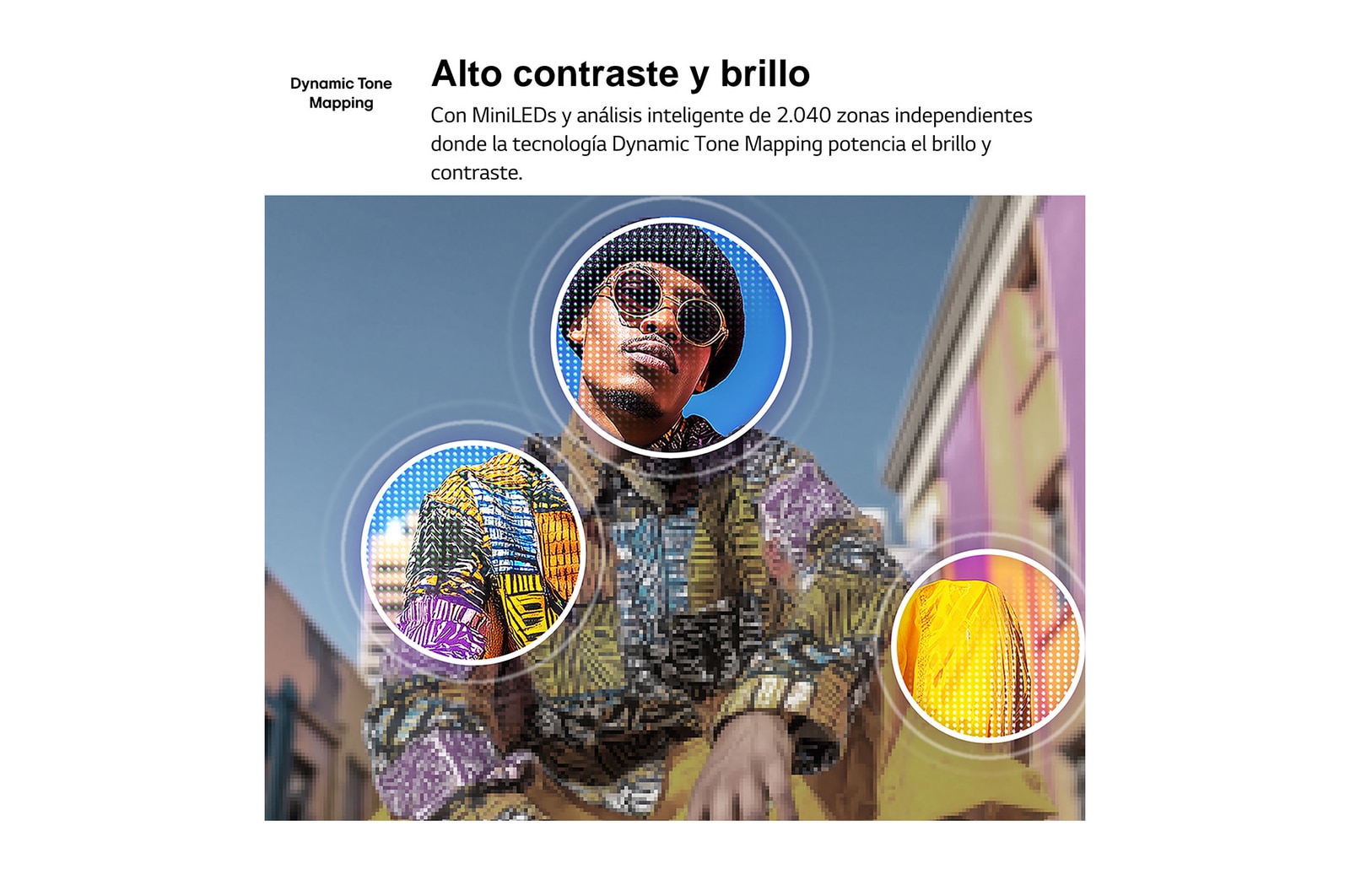 LG QNED evo AI QNED80 Mini LED with 4K Super Upscaling and Dynamic Tone Mapping shows a low-angle outdoor scene of a man between colorful buildings, as AI recognizes the scene and upscales each frame to 4K resolution.