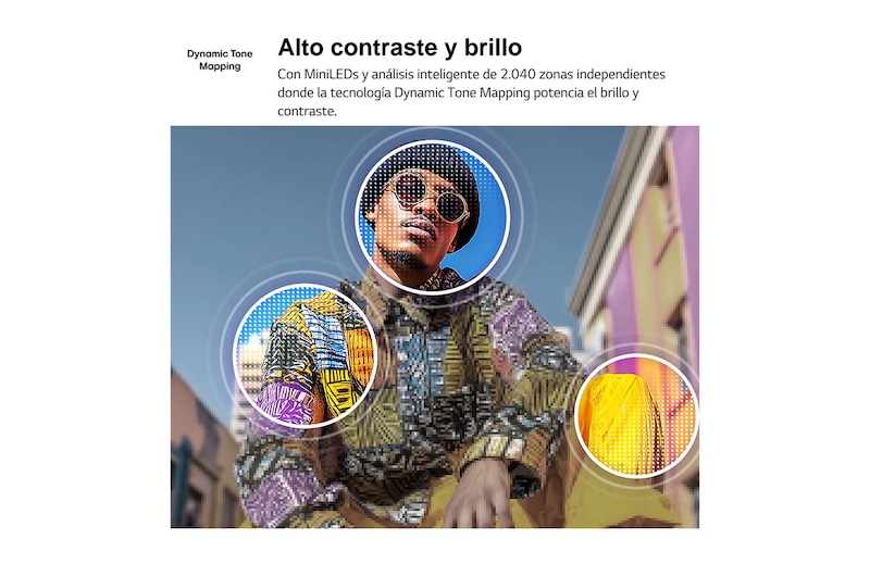 LG QNED evo AI QNED80 Mini LED with 4K Super Upscaling and Dynamic Tone Mapping shows a low-angle outdoor scene of a man between colorful buildings, as AI recognizes the scene and upscales each frame to 4K resolution.