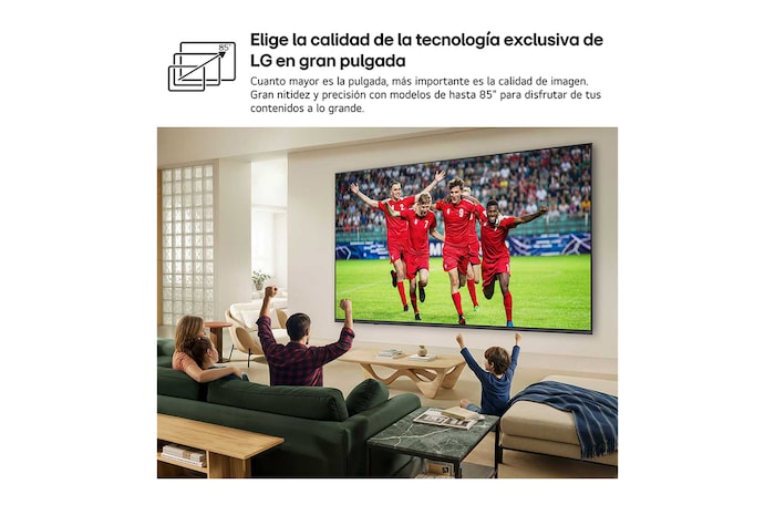 LG QNED evo AI QNED80 Mini LED Ultra Big TV is wall-mounted in a bright living room, showing a soccer celebration with vivid colors and refined picture quality across a wide screen, as a family seated on sofas cheers together.
