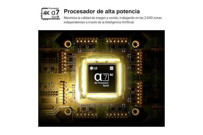 LG QNED evo AI QNED80 Mini LED’s alpha 7 AI Processor 4K Gen9 glows at the center of a yellow circuit board, highlighting smarter, more powerful AI processing that enhances 4K image clarity with improved contrast and depth.
