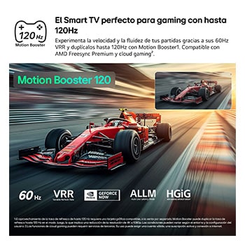 LG QNED evo AI QNED80 Mini LED for Ultimate Gameplay shows a high-speed racing scene with a comparison inset highlighting smoother motion through Motion Booster 120, while supporting 60Hz, VRR, AMD FreeSync, ALLM, HGiG, and GeForce NOW.