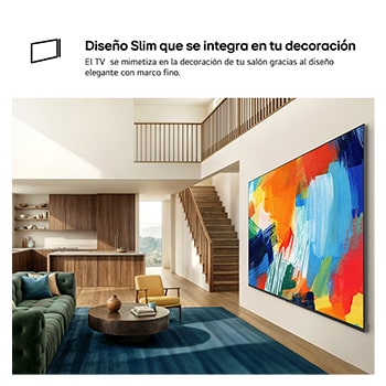 LG QNED evo AI QNED80 Mini LED with a Slim Design is wall-mounted in a bright, open living space, featuring a sleek profile that blends seamlessly into the interior while displaying a bold, colorful abstract artwork.