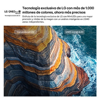 LG QNED evo AI QNED80 Mini LED highlights how its Mini LED reveals sharper rock textures and clearer ocean detail than conventional LED in a split coastal cliff scene, delivering deeper blacks and more refined contrast for greater clarity and depth.