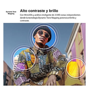 LG QNED evo AI QNED80 Mini LED with 4K Super Upscaling and Dynamic Tone Mapping shows a low-angle outdoor scene of a man between colorful buildings, as AI recognizes the scene and upscales each frame to 4K resolution.